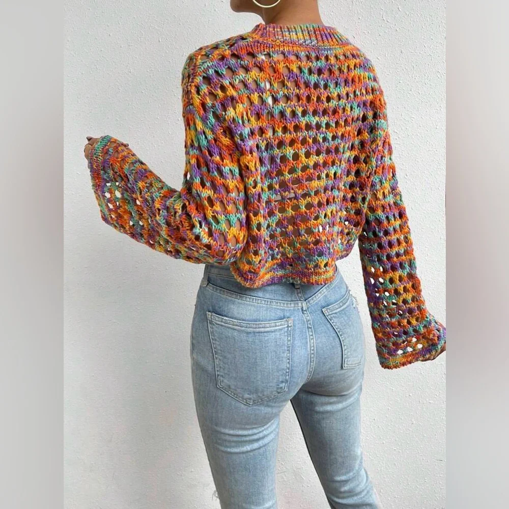 NIB Knit Bell Sleeve Cropped Sweater Multi Color Size M